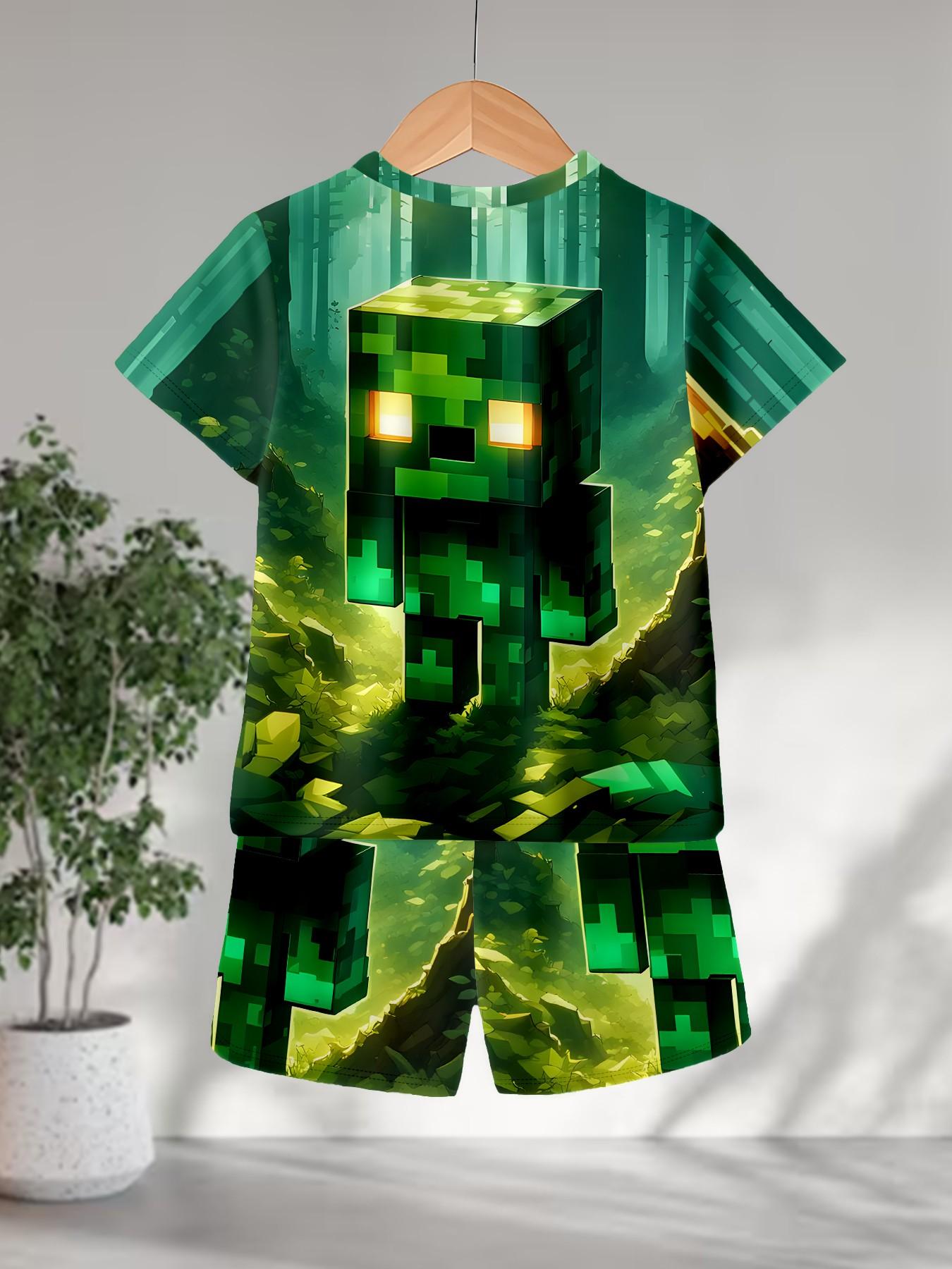 Boys' Creeper Pixel Print Short Sleeve Shorts Set, Casual Asymmetrical Design, Natural Waist, H-Type Silhouette, Random Print Pattern