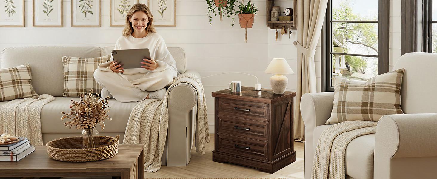 AODK 24-Inch Farmhouse 3-Drawer Bedside Table with Charging Station, USB Ports and Outlets for Bedroom, Living Room Furniture Nightstand Bedside Table