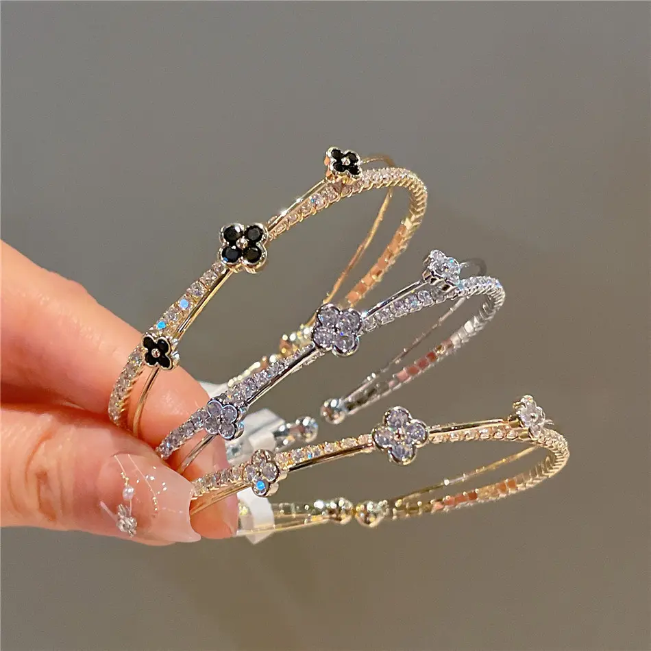 Women's 14K Gold Plated Dainty 4-Leaf Clover Bangle - Full Pave Cubic Zirconia Thin Stackable Cuff Bracelet, Minimalist Lucky Flower Wrist Jewelry Gift for Women Daily Wear