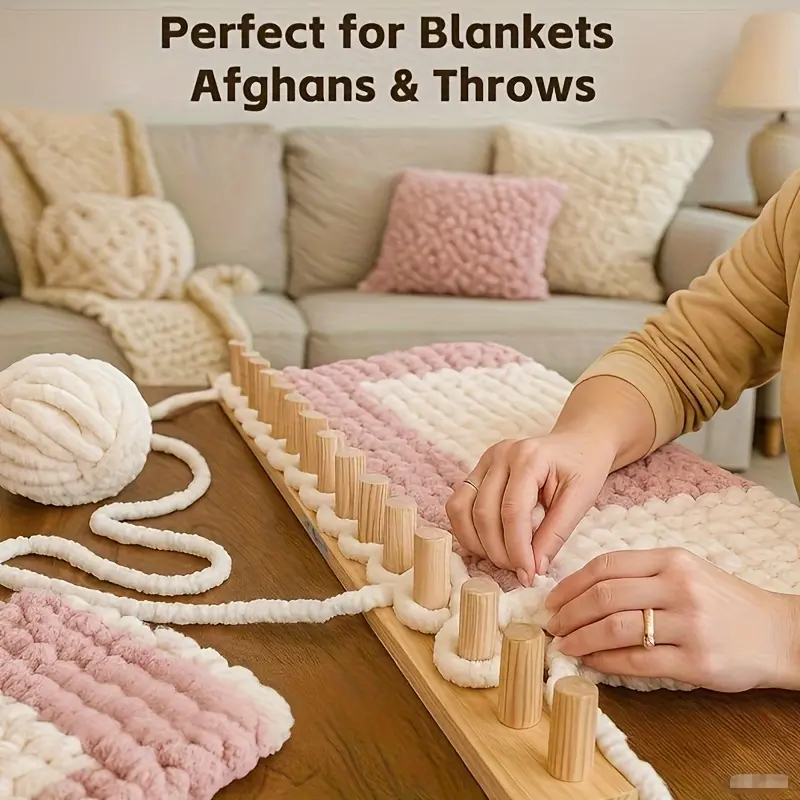 Extendable DIY Wooden Hand Knitting Loom - Sturdy Knitting Tools for Handcrafting Thick Blankets & Scarves, No Power Required, Handmade Craft Project Essential with Storage Bag
