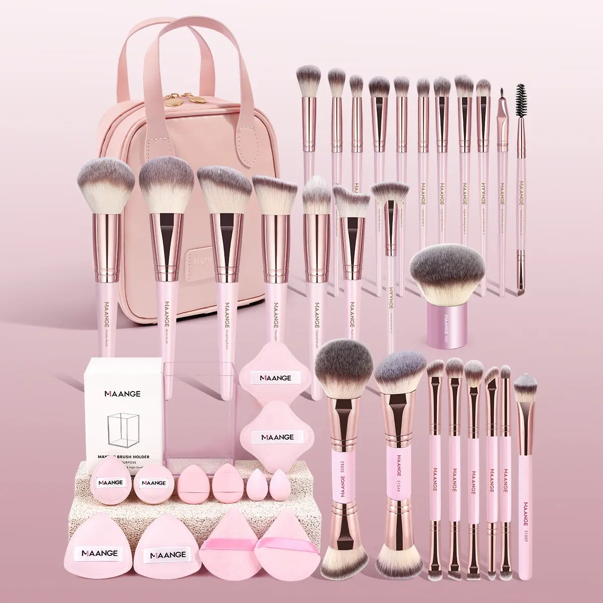 MAANGE 41pcs Makeup Tool Set, Cosmetics Makeup Tools Set Includes 27pcs Makeup Brushes + 12pcs Powder Puffs + Four-Sided Storage Cylinder + Handheld Makeup Bag, Foundation Brush Loose Powder Brush Blush Brush Eyeshadow Brush, Makeup Brush Kit
