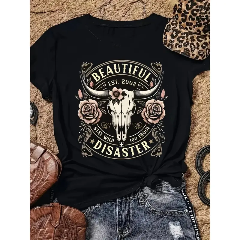 Women's Western Cotton Garment - Slimming Breathable Fitted Short-Sleeve Crew Neck T-Shirt with Bull Skull Graphic Print, Vintage 2008 Style for Casual Everyday Wear, Loose
