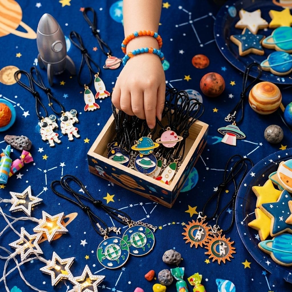 24pcs Space Theme Party Necklaces for Kids, Enamel Astronaut Planet Rocket Ufo Pendants, Galaxy Birthday Party Supplies, Boys Girls Gift Fillers