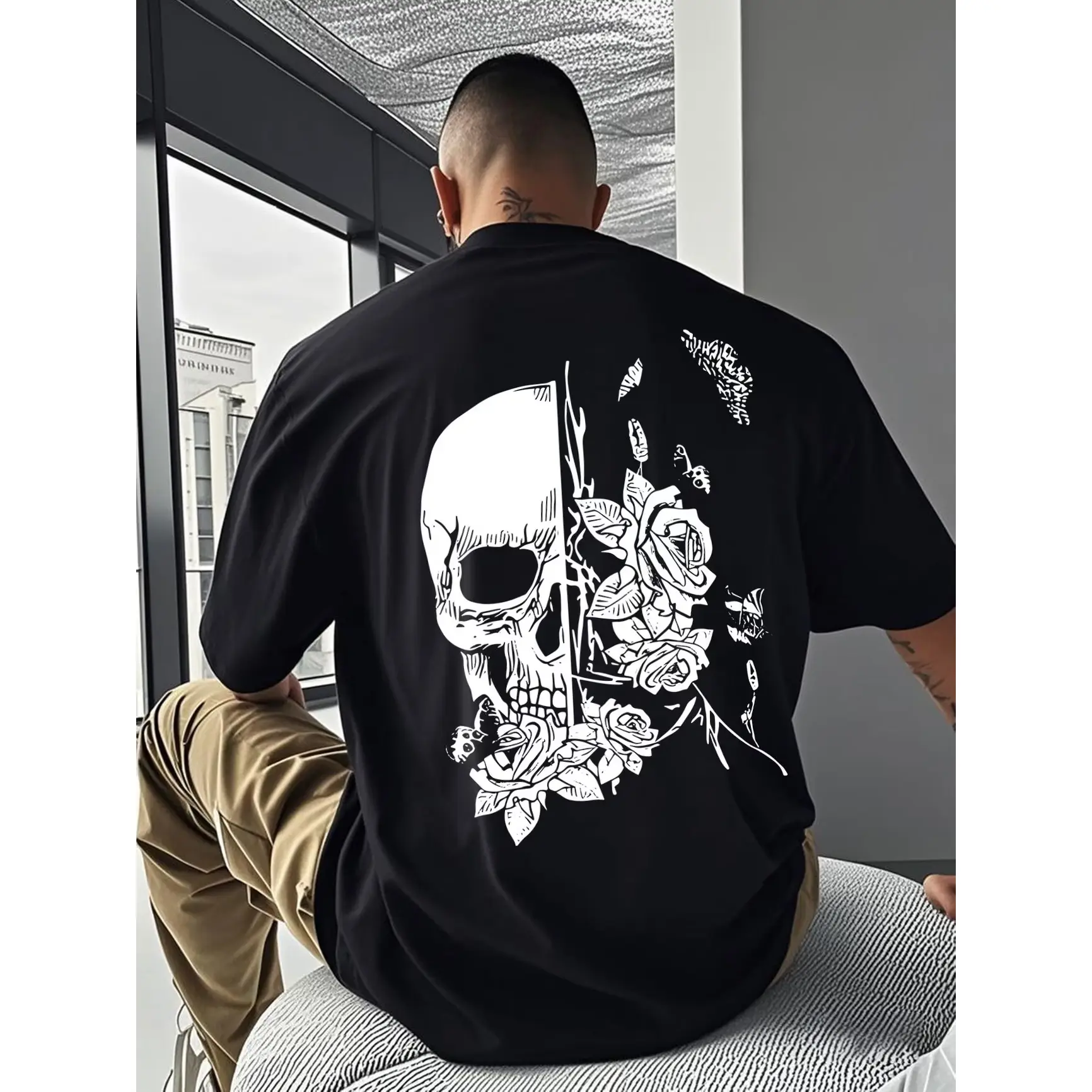 Skull And Rose Graphic Oversized Cotton T-Shirt, Gothic Broken Skull Fashion Outfit, Casual Back Print Tee, Great Holiday Gift For Men, Best Present For Him Friend