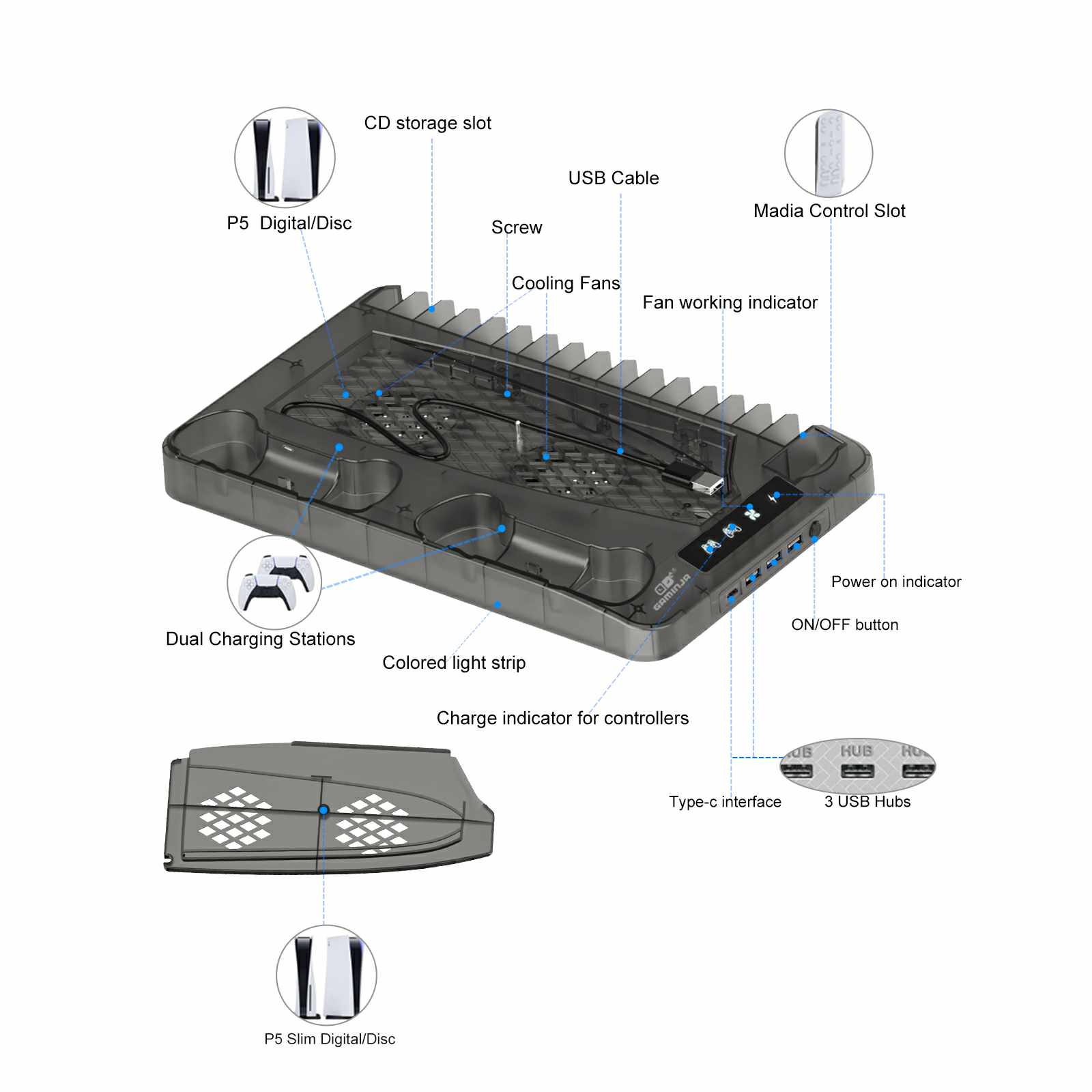 YLW Charging Base Cooling Bracket for Dual PS5 Controller, Summer Fall Gift, Gaming Controller Vertical Stand Cooling Fan for PS5 Accessories, Summer Gaming Accessories, Cooling & Charging Station with Mini Fan, Controller Accessories