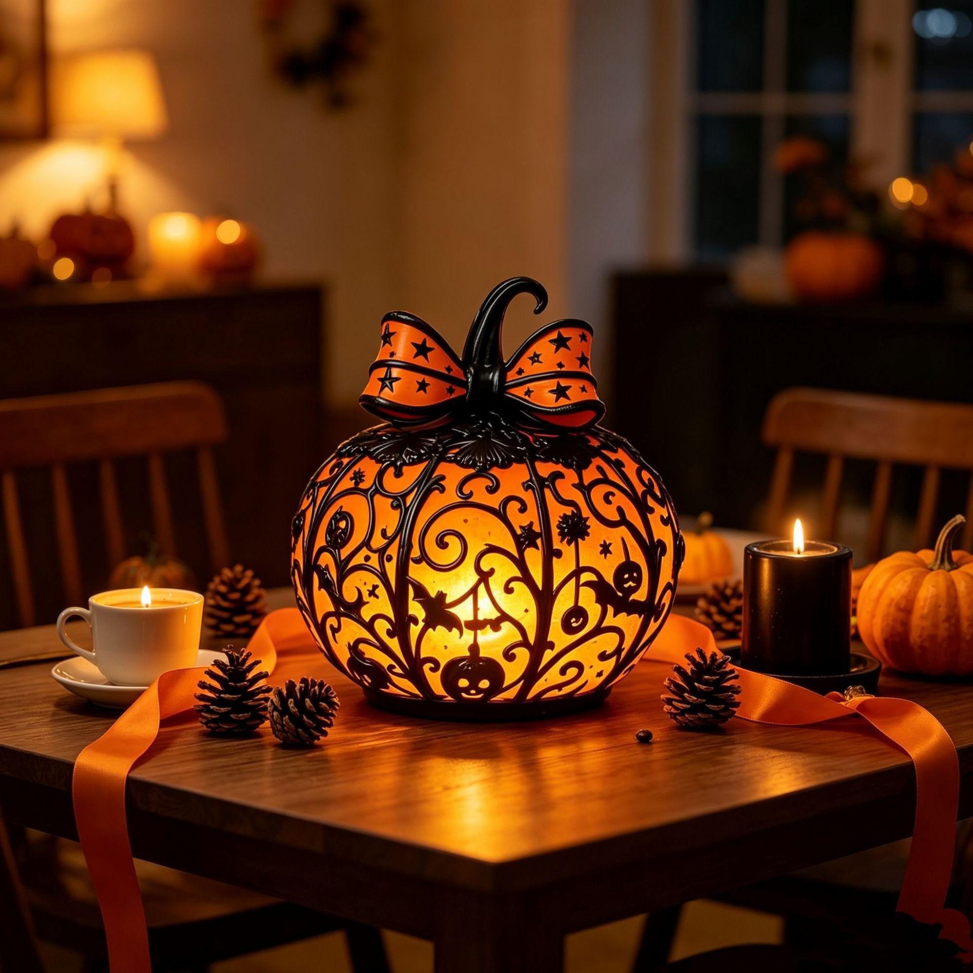 Tiffany Style Halloween Pumpkin Light-Up Decoration, Glowing Pumpkin Ornament for Halloween, Festive Pumpkin Lamp for Home Decor