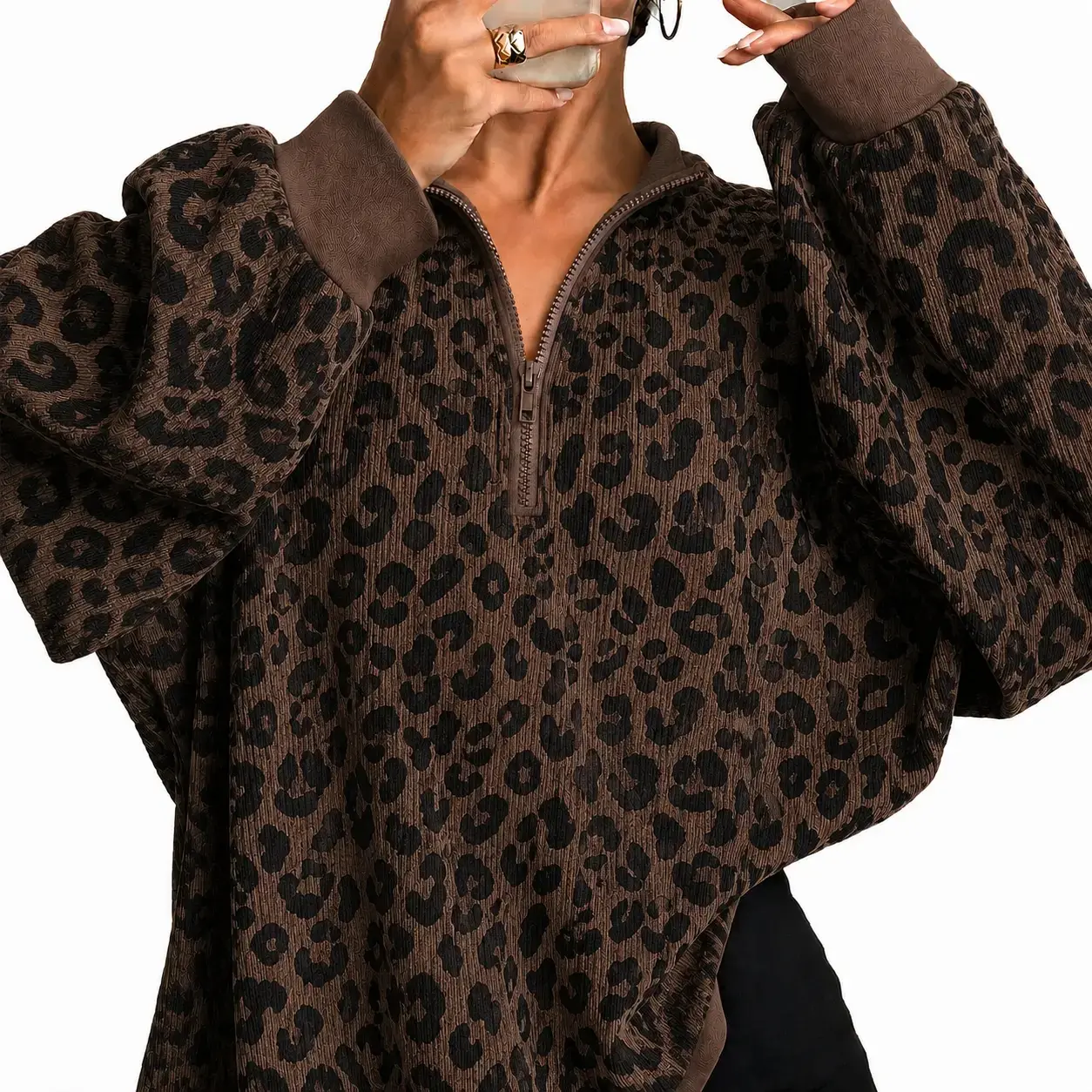 Sohochi Women's Vintage Leopard Print Polyester Half-Zip Sweatshirt - Lady's Long-Sleeve Stand Collar Pullovers for Women, Relaxed Comfortable Fit, Autumn Winter Streetwear (Dark Brown)