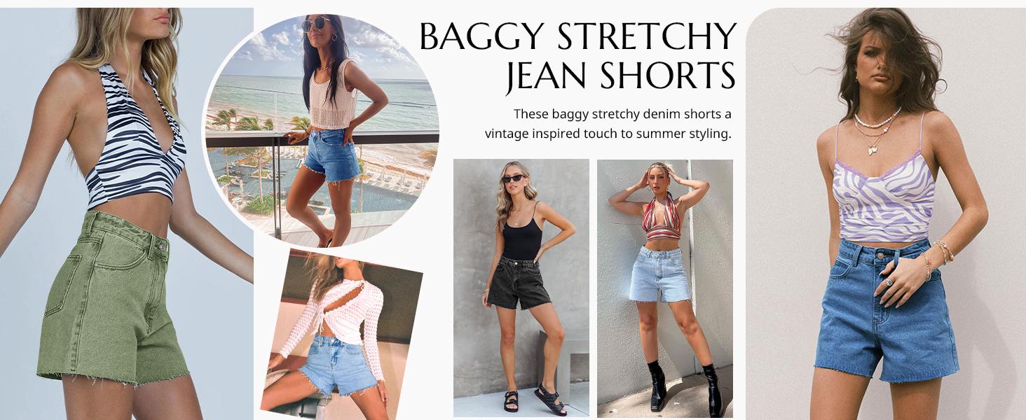 Flowyair Womens Jean Shorts High Waisted Straight Leg Stretchy Raw Hem Mom Denim Shorts Womenswear Bottom Trouser Basic Minimalist