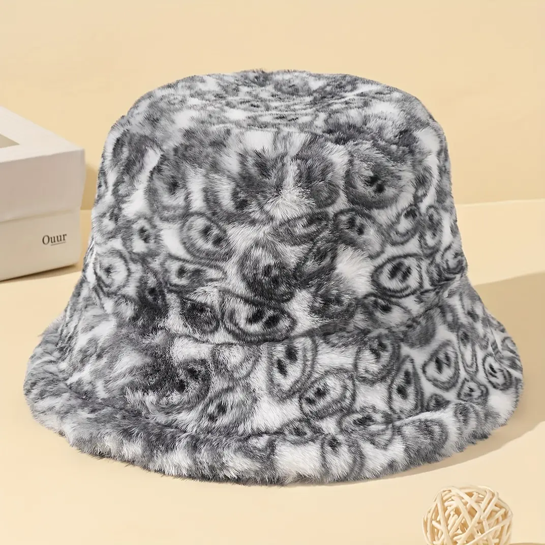 Y2K Over-Sized Faux Rabbit Fur Bucket Hat Luxury Plush Fluffy Panamas Cap Wide Brim Winter Streetwear Headwear for Men