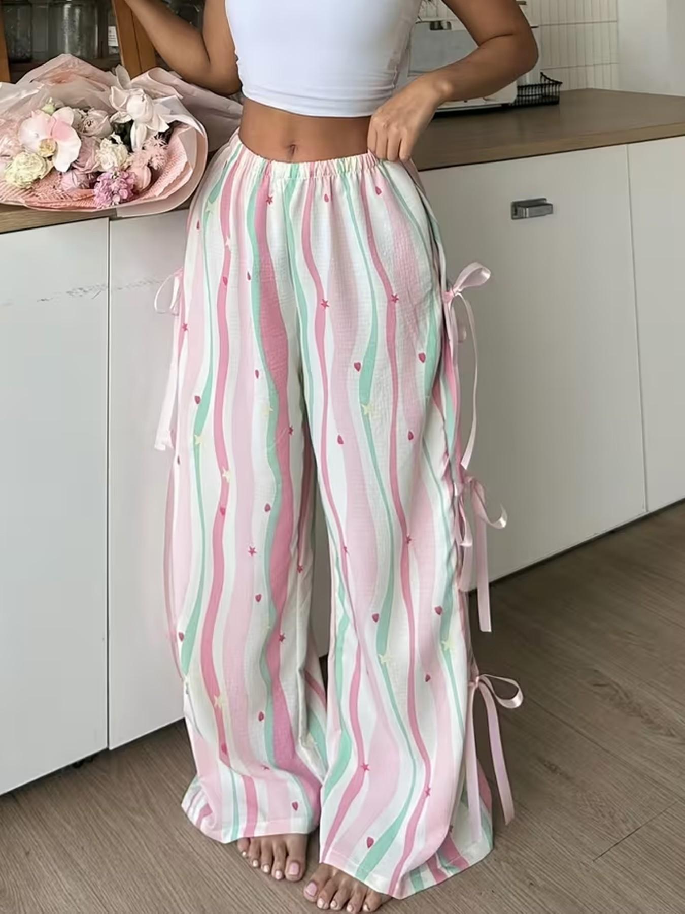 Women's Multicolor Striped Plaid Wide Leg Pants, Side Bow Tie Long Pants, Sweet Heart Star Print Casual Trousers, Bottoms