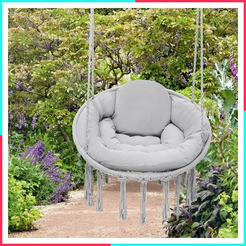 Hanging Hammock Chair with Large Comfy Cushion, Macrame Swing Chair for Porch, Max 350 Lbs Capacity Hanging Swing for Adults & Teens, Backyard Hanging Chair for Relaxing Reading