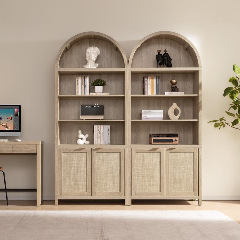 SICOTAS Book Shelf Arched Cabinet Bookshelf Arch 84.2" Tall Bookcase 5 Tier Large Bookshelves with Doors Storage Rattan Boho Wide Book Shelves Case for Living Room Kitchen Office Bedroom Library, Robust and Durable