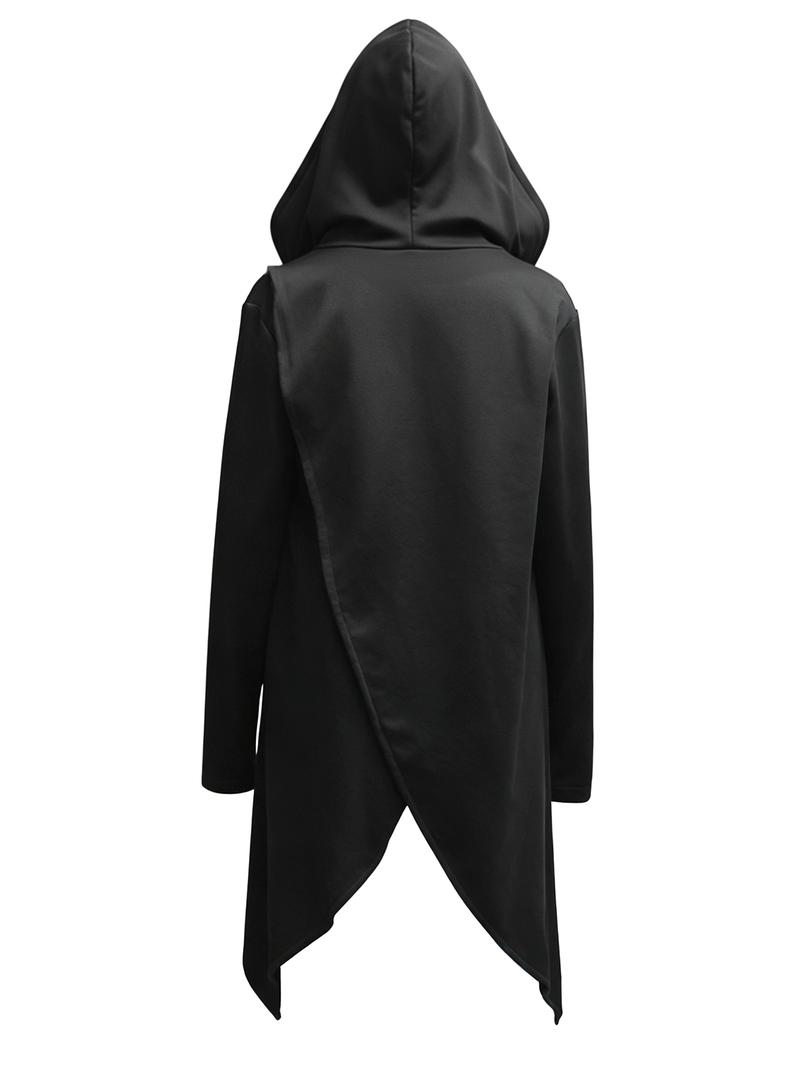 Men's Black Hooded Cyberpunk Maxi Coat – Asymmetric Design, Stylish Outerwear for Street Fashion & Cosplay
