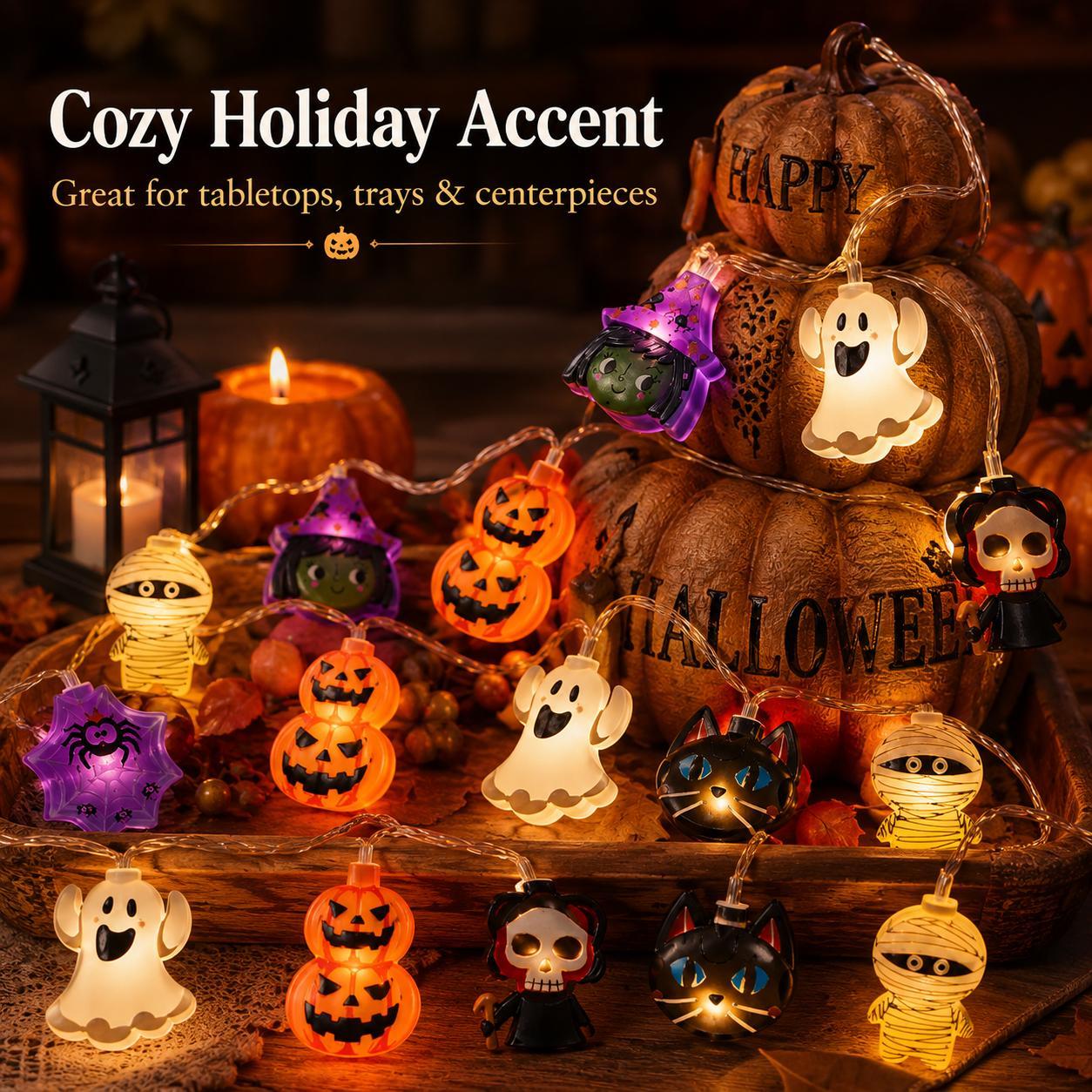 Halloween character string lights decorating an indoor bookshelf