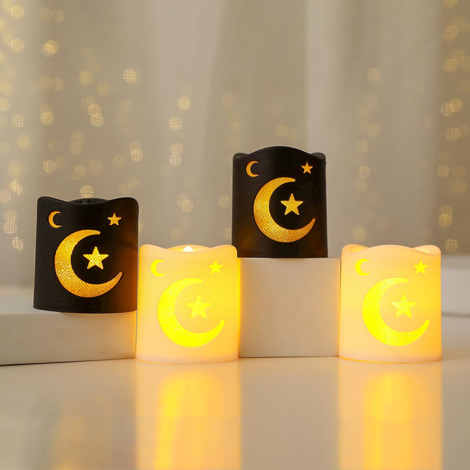 4 Counts Ramadan LED Electronic Candles, Star and Moon Pattern Decorative Lights, Perfect for Ramadan Festival Atmosphere, Decoration Party Light, Home Decor Light