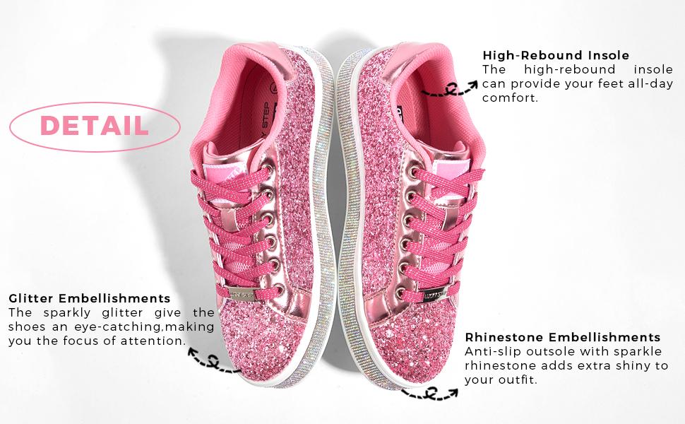 LUCKY STEP Women's Platform Glitter Sneakers Sparkly Bling Shiny Dressy Bedazzled Wedding Bridal Fashion Walking Shoes with Non-Slip TPR Outsole & Rhinestone Embellished