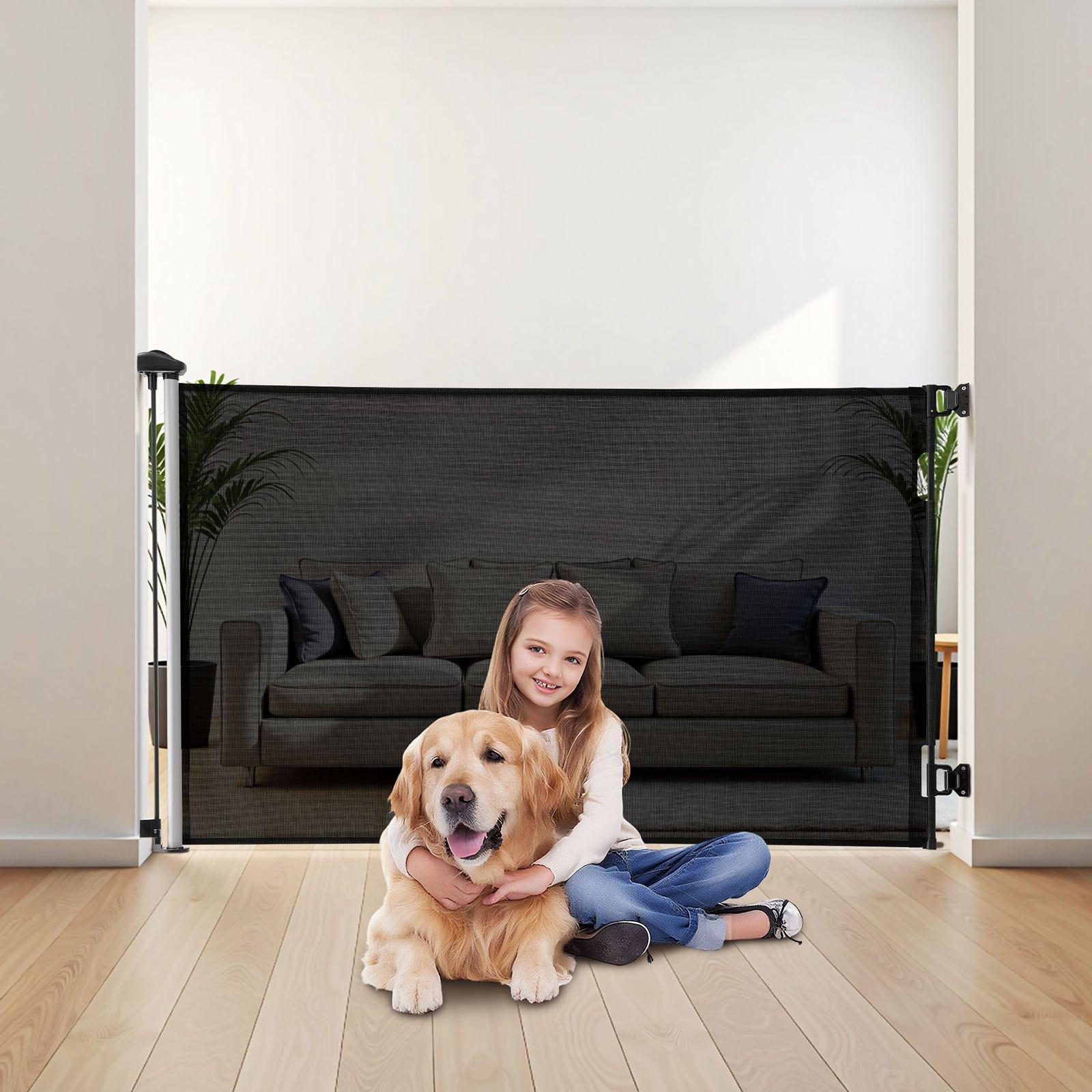 VEVOR Mesh Fabric Retractable Baby Gate - 57 in Wide Extendable, 38.5 in Tall, Security Lock, Easy-to-Use Walk-Through, Tripping-Free, for Stairs, Hallways, Black Indoor/Outdoor Pet Gate