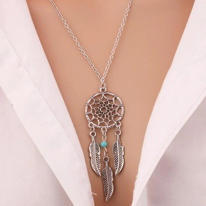 New Dream Catcher Pendant Necklace Feather Blue Beads Women Chain Necklaces Bijoux Collares Fashion Jewelry   Party Gift