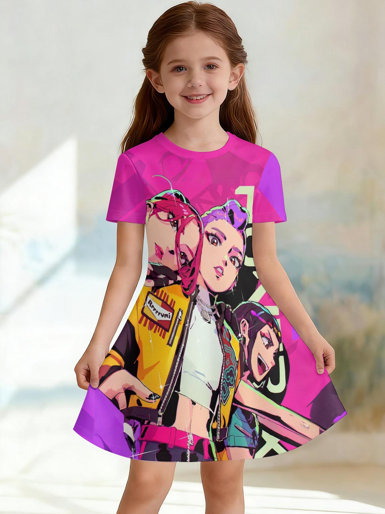 Girls' 3D Short Sleeve Dress, Cyber Graffiti Kpop Full Print Summer Dress, Perfect for Parties, Festivals, Gifts, Birthday Presents