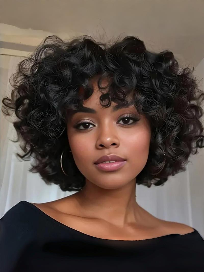 Women's Short Curly Bob Wig, 10-Inch Chicken Rolls Human Hair Elf with Bangs, Full Machine Made, 180% Density, Stylish & Versatile, Real Hair Wigs