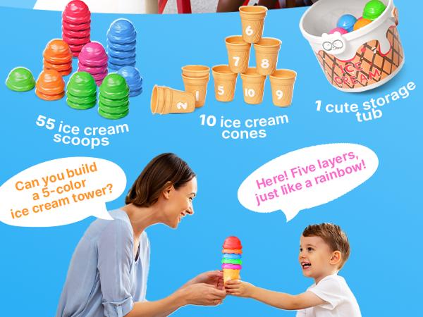 JoyCat Ice Cream Preschool Learning Activities Counting and Color Sorting Set Stacking Toys, Montessori Stacking Fine Motor Skills Toys
