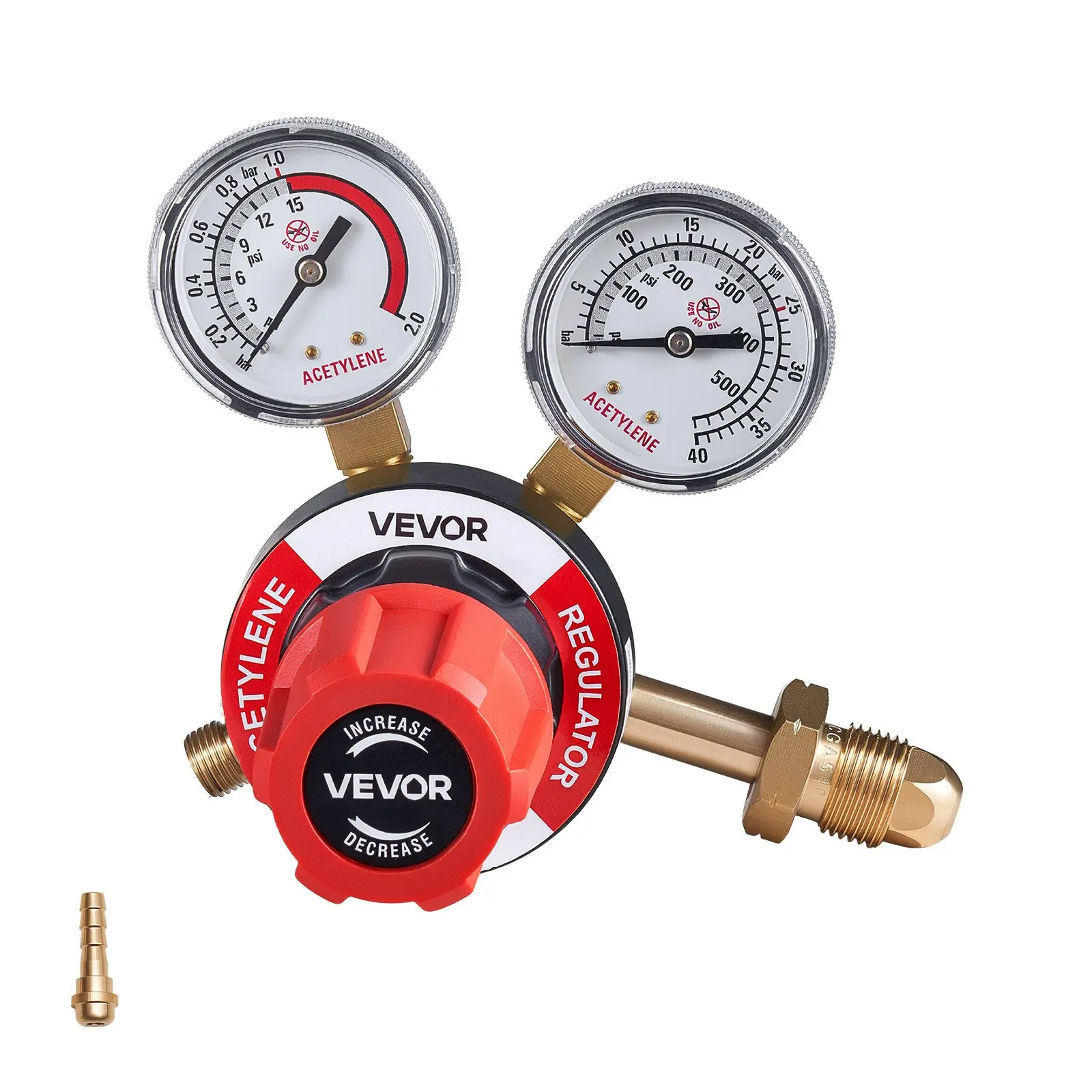 VEVOR Acetylene Regulator, Precise Acetylene Regulator, 0-500PSI Welding Gas Gauge with CGA-510 Inlet Connection 9/16"-18 LH Outlet Connection, PC Knob Adjustment