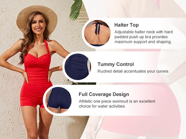 Tempt Me Women Tummy Control One Piece Swimsuits with Shorts Boyleg Retro Bathing Suit Halter Swimwear