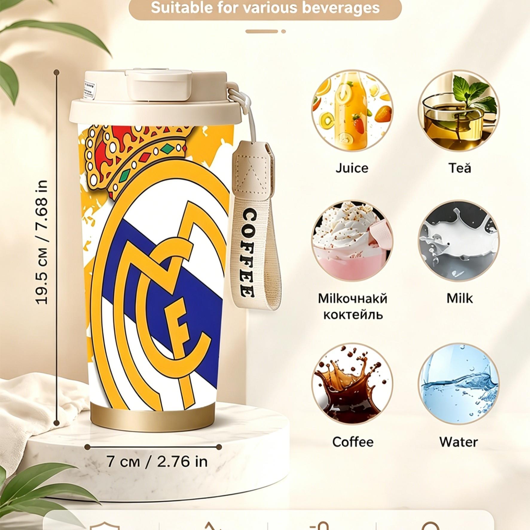 1pc Real Madrid Gold Blue Coffee Cup, 18oz Stainless Steel Insulated Double Wall Travel Mug, Dual Layer Heat Cold Preserve, Car Office Home Outdoor Camping