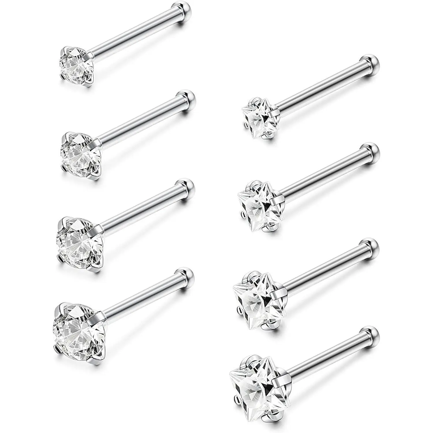 CASSIECA 8-Count 18G-20G Stainless Steel Nose Piercing Jewelry, Unisex Surgical Nose Studs with Cubic Zirconia Labret, 1.5mm-3mm Sizes, Daily Wear Piercing Retainers Sohochic