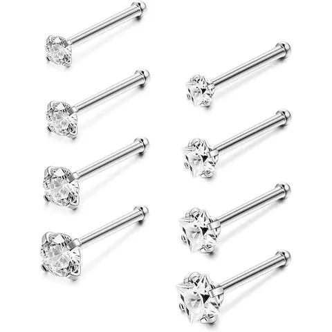 CASSIECA 8Count 18G 20G Stainless Steel Nose Piercing Jewelry, Unisex Surgical Nose Studs with Cubic Zirconia Labret, 1.5mm 3mm Sizes, Daily Wear Piercing Retainers Sohochic