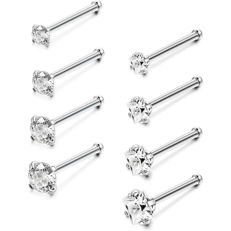CASSIECA 8Count 18G 20G Stainless Steel Nose Piercing Jewelry, Unisex Surgical Nose Studs with Cubic Zirconia Labret, 1.5mm 3mm Sizes, Daily Wear Piercing Retainers Sohochic