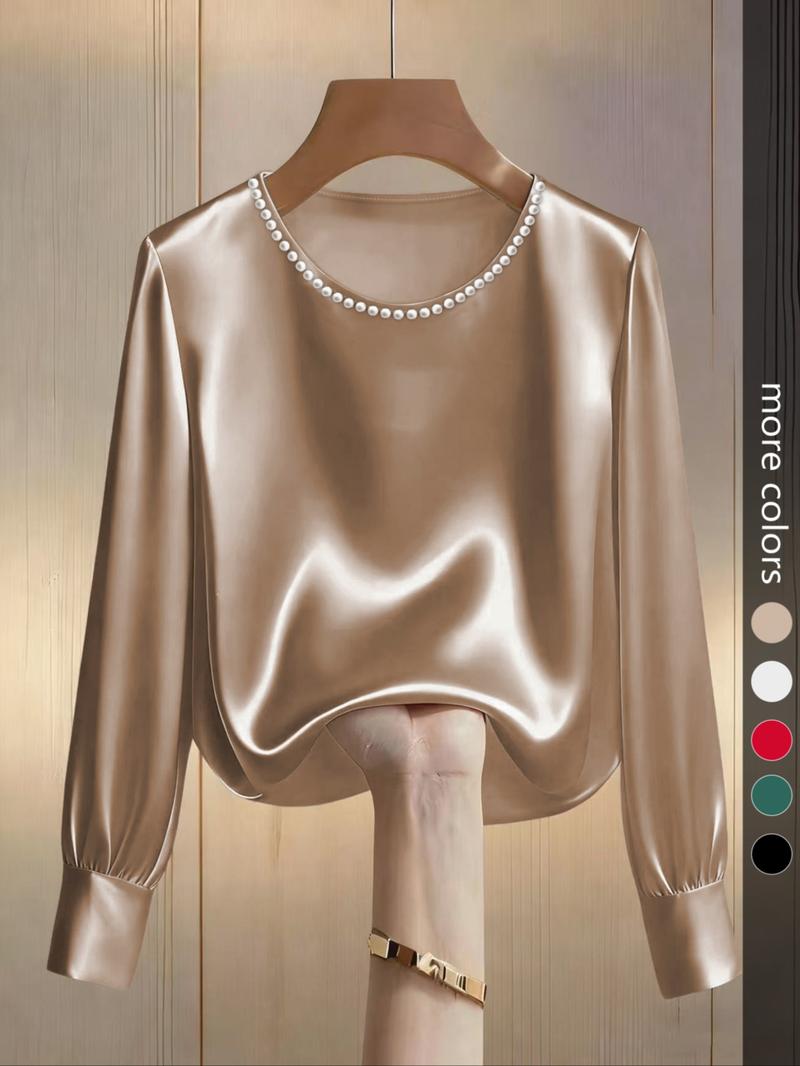 Women's Fashion Long Sleeve Top, Elegant Satin Round Neck Blouse, Suitable for Casual and Formal Office Commute