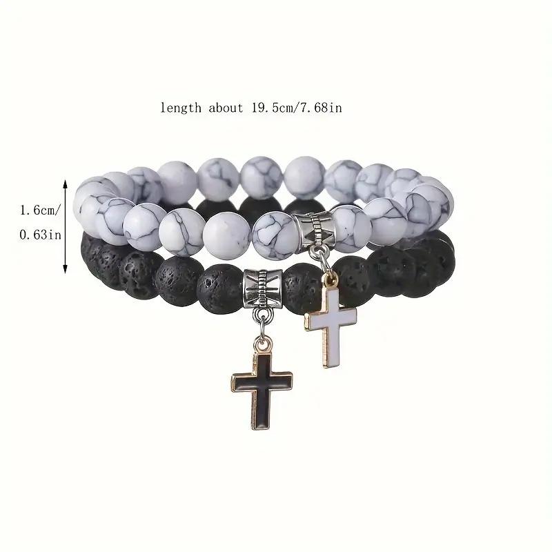Agate Volcanic Stone Cross Pendant Bracelet, High-End Couple Bracelet, Perfect Gift for Christmas & Thanksgiving, Religious Jewelry Gift