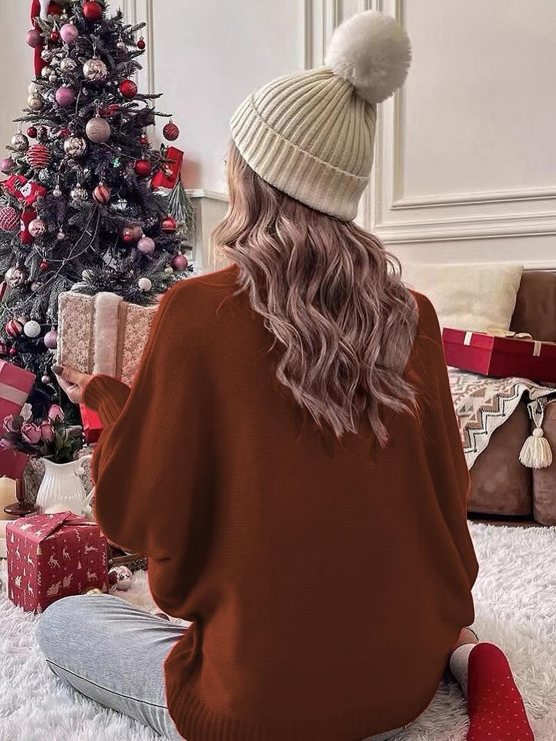 Women's Letter Pattern Batwing Sleeve Turtleneck Sweater, Casual Long Sleeve Jumper for Fall & Winter, Fashion Ladies' Knitwear for Daily Wear