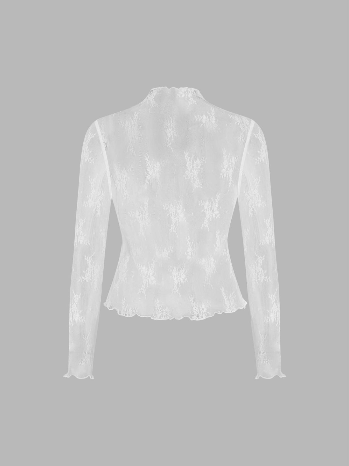 Women's Floral Lace Sheer Lettuce Trim Top, Elegant Long Sleeve Stand Collar Top for Daily Wear, Ladies Clothes for All Seasons, Casual Classy Top