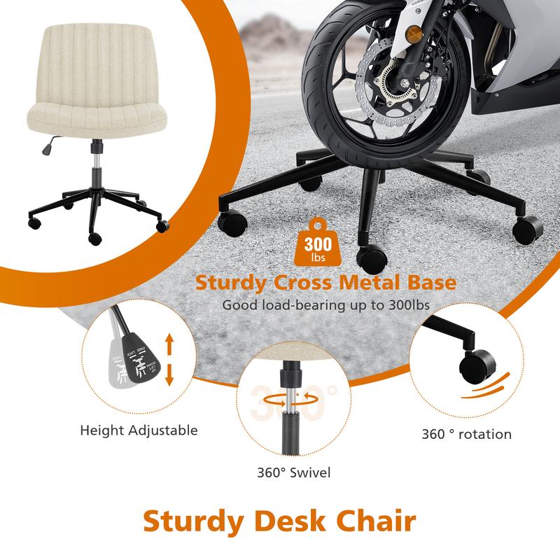Armless Wide Swivel Office Chair with Cross Leg Seating, Adjustable Fabric Vanity Chair with Wheels and Fixed Base, Padded Seat, Grey Armless Wide Swivel Office Chair with Cross Leg Seating, Adjustable Fabric Vanity Chair with Wheels and Fixed Base, Padded Seat, Grey