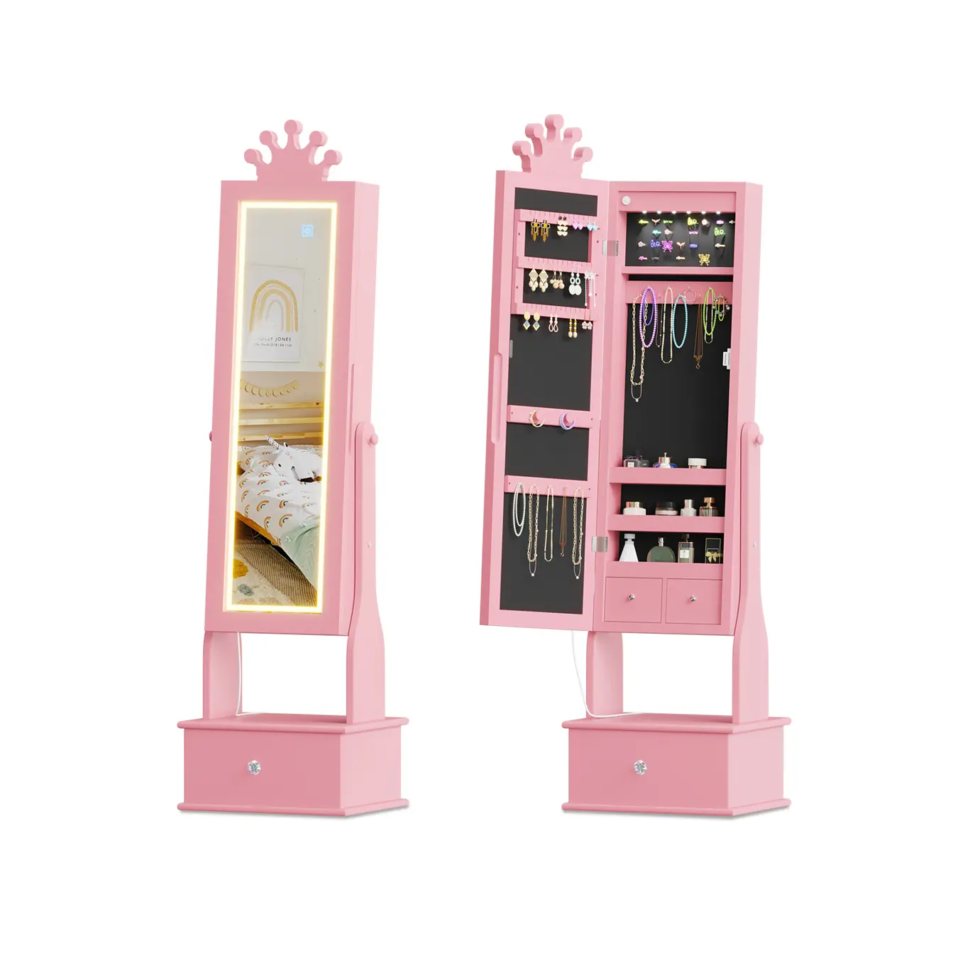 Garvee Kids Jewelry Armoire Cabinet with Full-Length Mirror & Led Light, 2 Tilt Angle Freestanding Girls Jewelry Boxes with 3 Storage Drawers, Children Dress Up Organizer