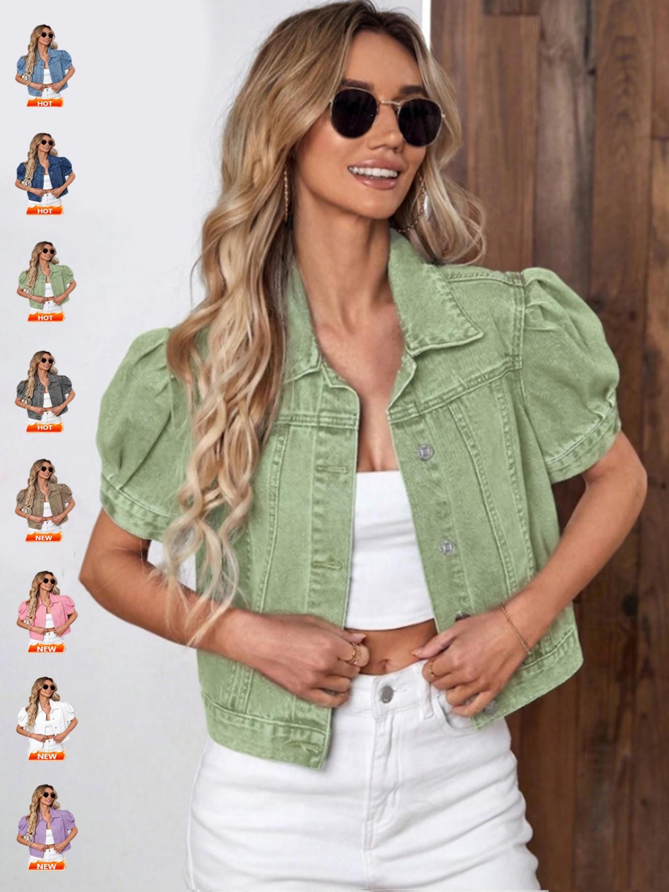 Women's Vintage Bubble Sleeve Light Wash Denim Jacket, Summer Lightweight Thin High Waist Crop Top, Casual Fashionable Fit Short Cropped Jean Coat for Women Women's Vintage Bubble Sleeve Light Wash Denim Jacket, Summer Lightweight Thin High Waist Crop Top, Casual Fashionable Fit Short Cropped Jean Coat for Women