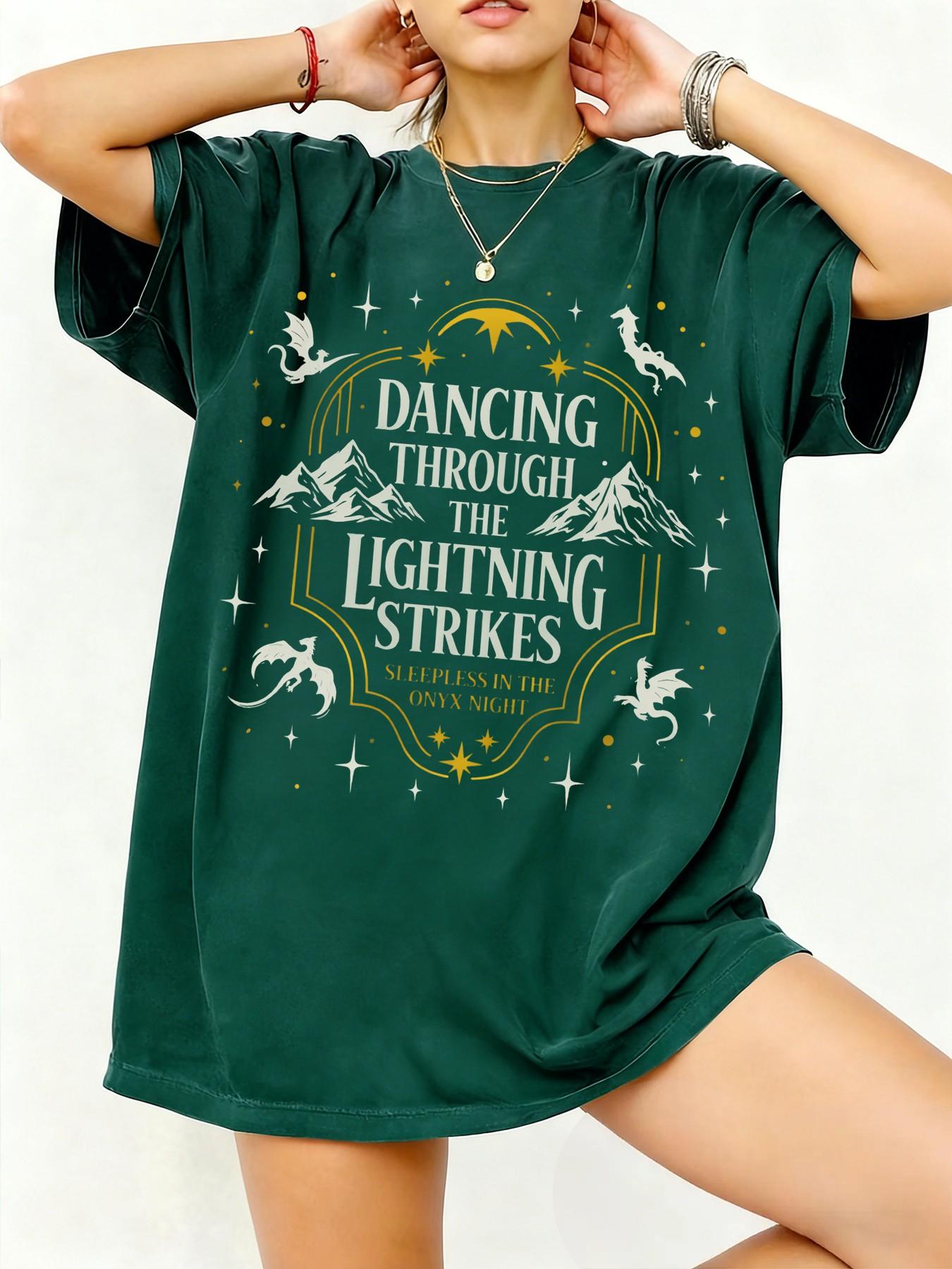 Women's Oversized Fantasy Dancing Through The Lightning Strikes Graphic Tee | Vintage Witchy Gothic Dark Academia Shirt |Snow Mountain & White Dragon Print Top | Baggy Casual T-Shirt | Fantasy Lover Gift Oversized Tee