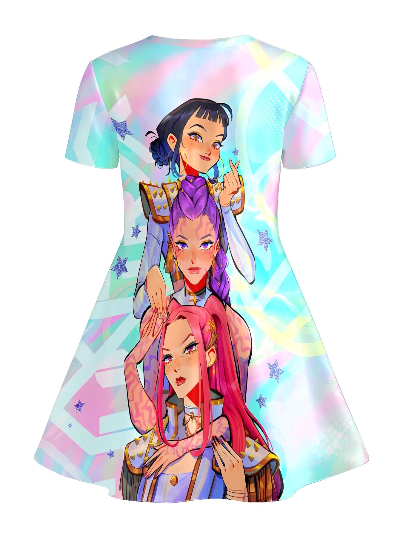 Girls Holographic Gradient Anime Girl Group Print Dress, Kids Crew Neck Short Sleeve A-Line Princess Skirt, Casual Summer Skirt for Big Kids