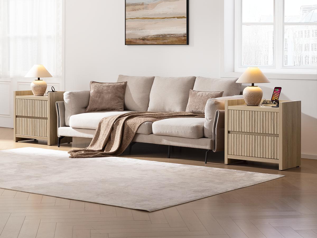 SICOTAS Night Stand Set of 2 Fluted Nightstands with Charger Station, Large Modern Nightstand Bedside Table End Table with 2 Drawers, 25" Wide Farmhouse Night Stands for Bedroom, Sofa Side