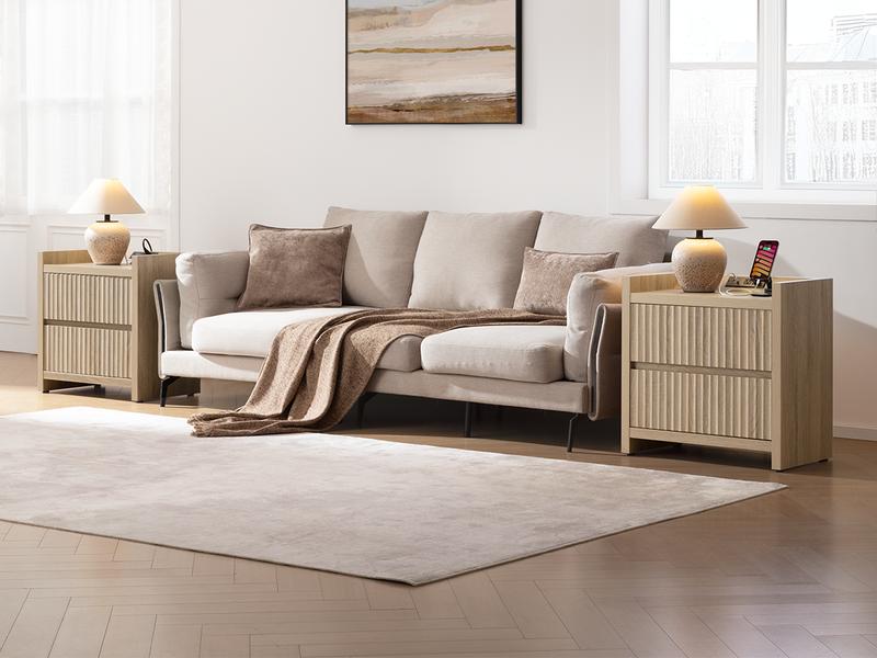 SICOTAS Night Stand Set of 2 Fluted Nightstands with Charger Station, Large Modern Nightstand Bedside Table End Table with 2 Drawers, 25" Wide Farmhouse Night Stands for Bedroom, Sofa Side