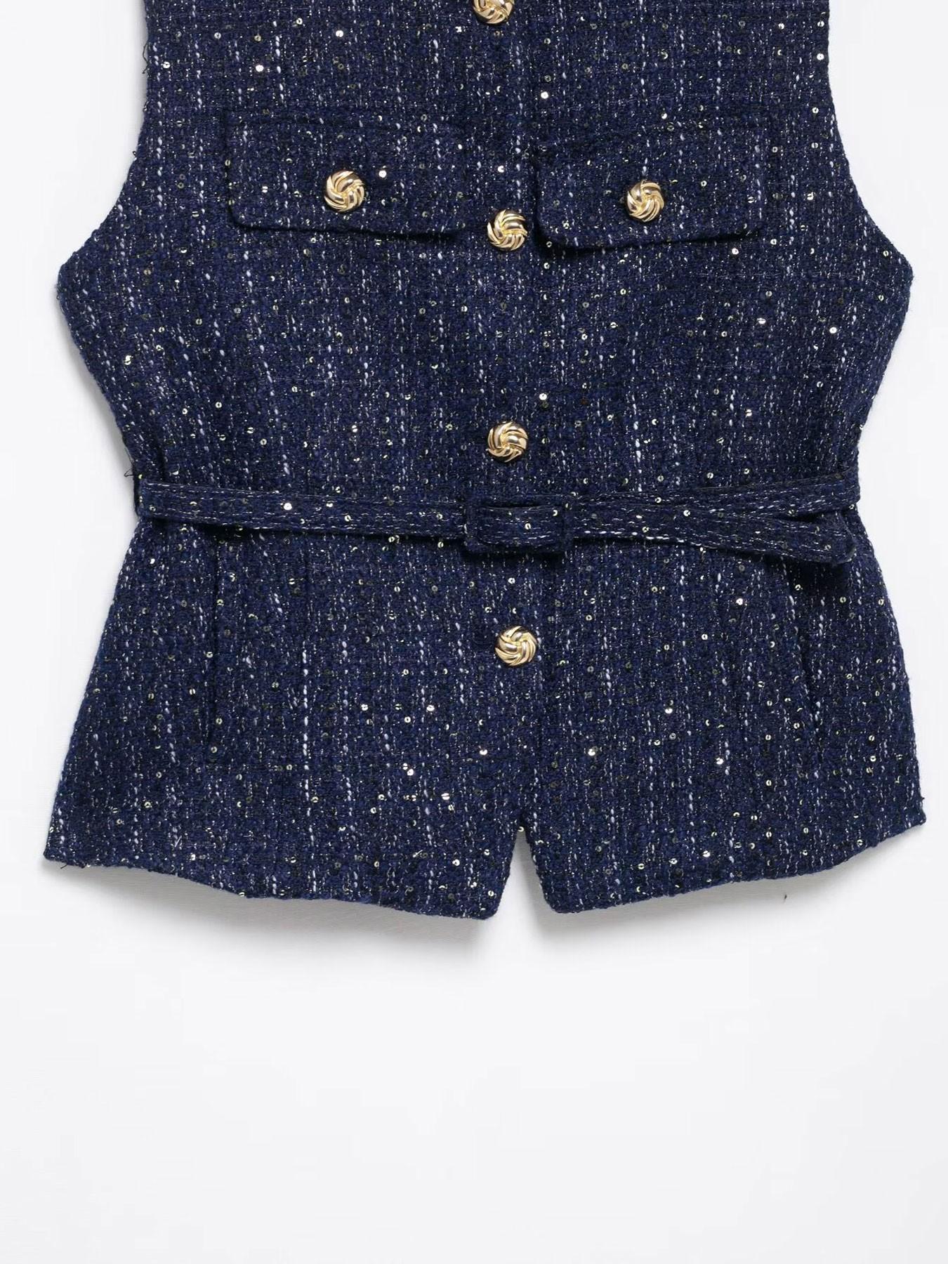 Women's Elegant Belted Sequined Vest, Round Neck Sleeveless Single Button Fitted Jumper, Vintage Fashion Commuter Style, Casual Daily Wear