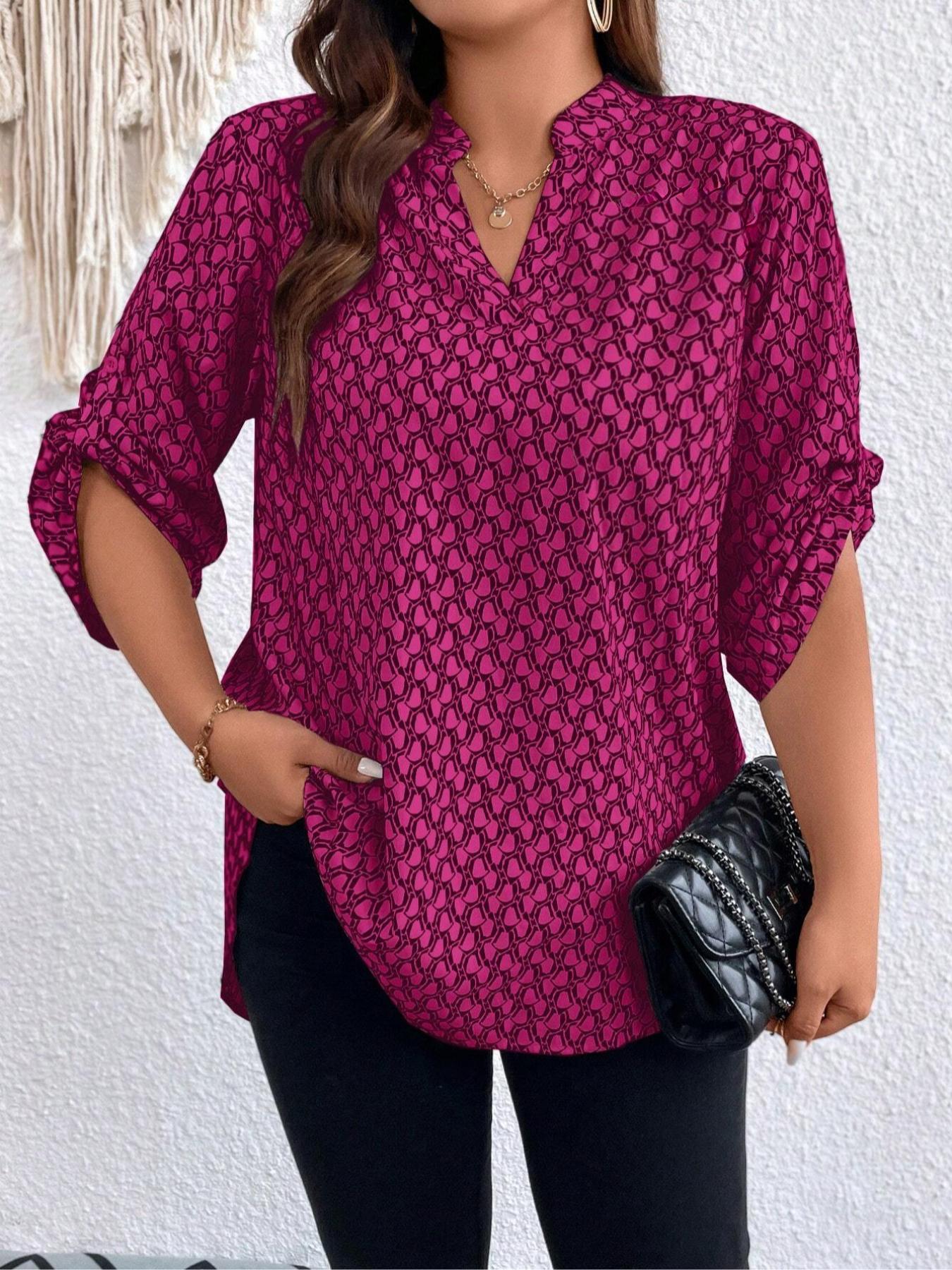 【Plus Size】 All Over Print Rolled Sleeve Blouse, Fashion and Trends Casual Notched Top for Spring & Fall, Women's Clothes for Daily Wear