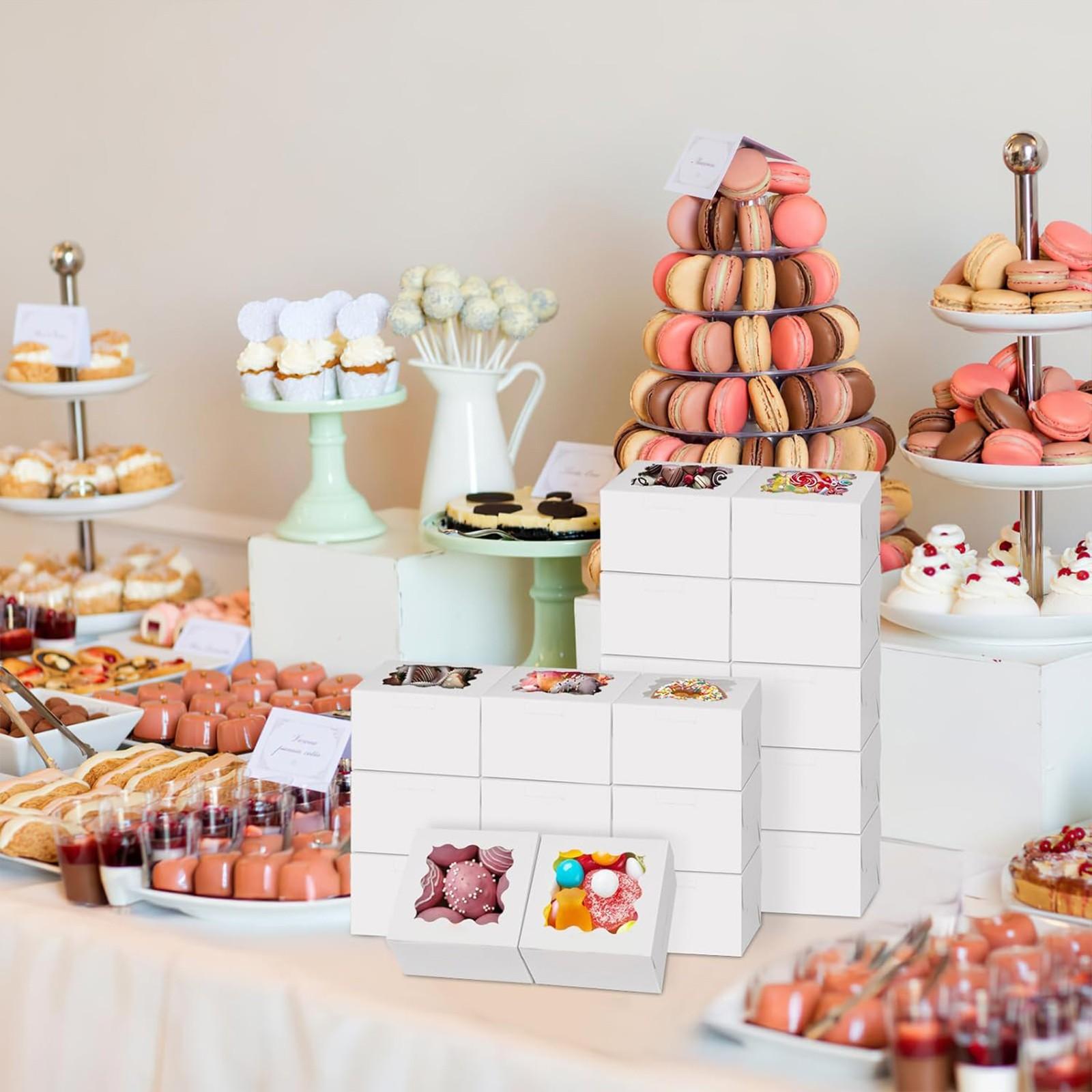 White Gift Cookie Boxes, 3.39'x3.39'x2.48' Bakery Boxes with Window, for Mini Cake Treat Dessert Pastry Donuts Macaroon Strawberries Chocolate Candy