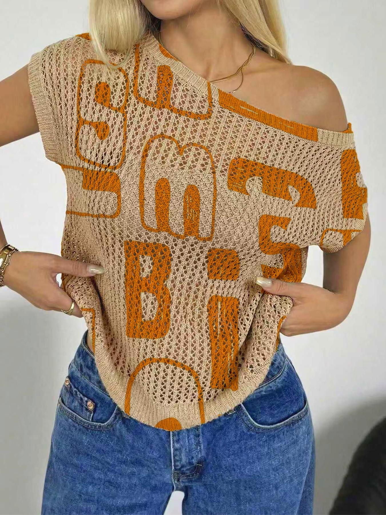 Spring Summer Women's Beach Vacation Style Asymmetrical Neck Shoulder Reveal Batwing Sleeve Semi-Transparent Lace Knit Top, Printed Knitwear