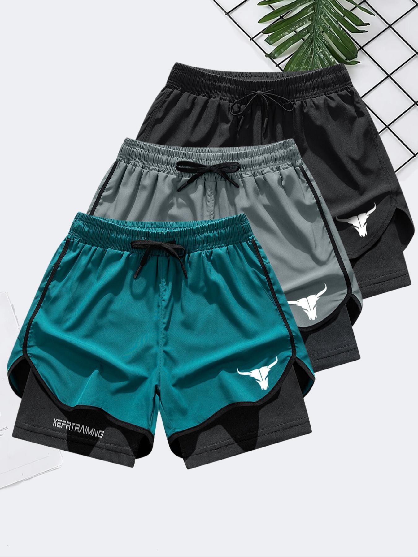 Men's Letter & Bull Head Print 2 in 1 Double Layer Drawstring Waist Gym Shorts, Regular Fit Casual Comfortable Breathable Quick Drying Anti Exposure Pocket Shorts for Gym Workout Running, Men's Bottoms for Summer SpringStatements