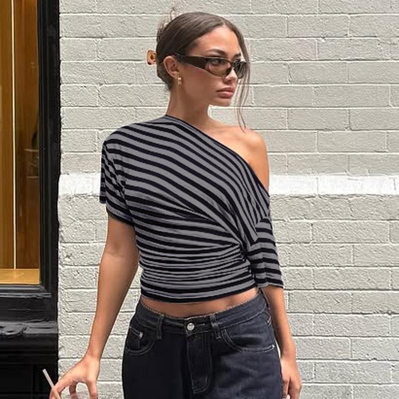 Women Summer Fashion Short Sleeve Asymmetrical One Shoulder Striped Asymmetric Hem T Shirt Tops Tee Casual Daily Tops Women Summer Fashion Short Sleeve Asymmetrical One Shoulder Striped Asymmetric Hem T Shirt Tops Tee Casual Daily Tops