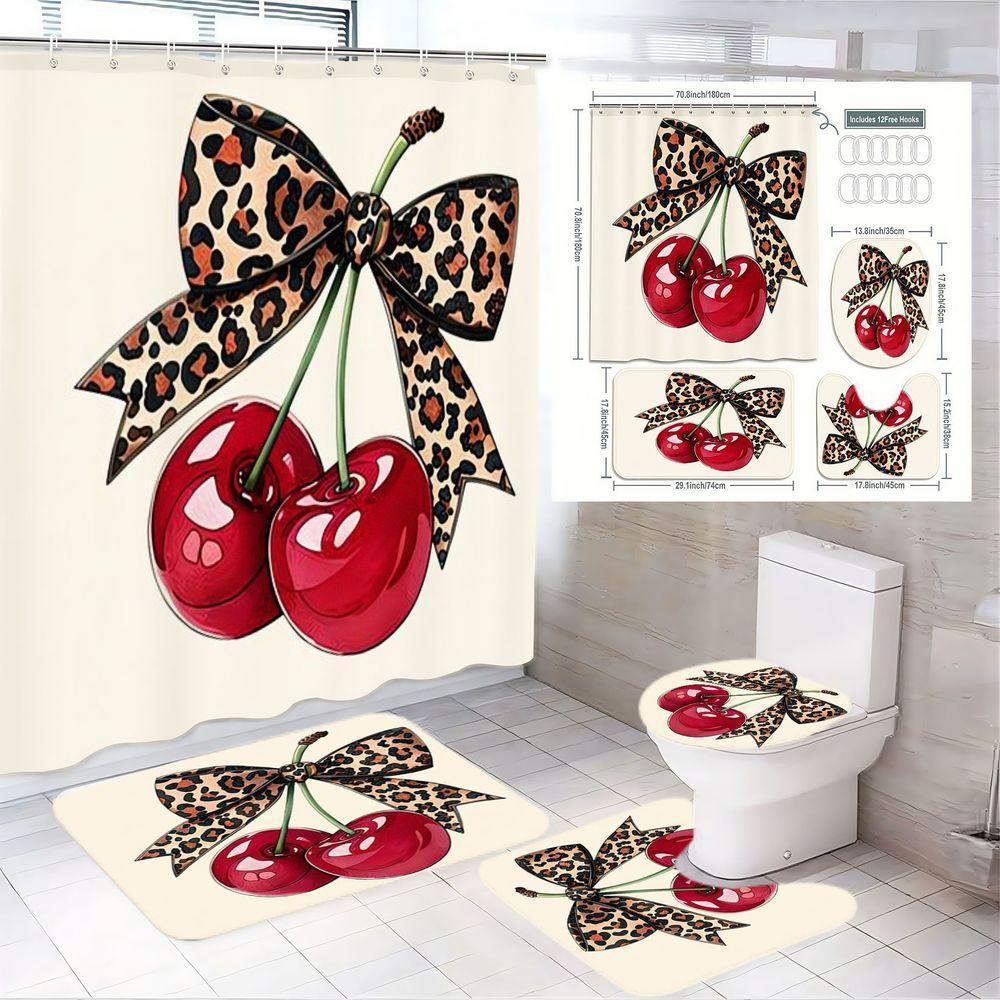 1/4pcs Leopard Print Cherry Bathroom Set with hooks, Beige Shower Curtain Sets with Glossy Red Cherries, Matching Bath Mats & Toilet Cover - Playful Bold Design for Spring Decor, Modern Bathroom Upgrade, Bathroom Supplies