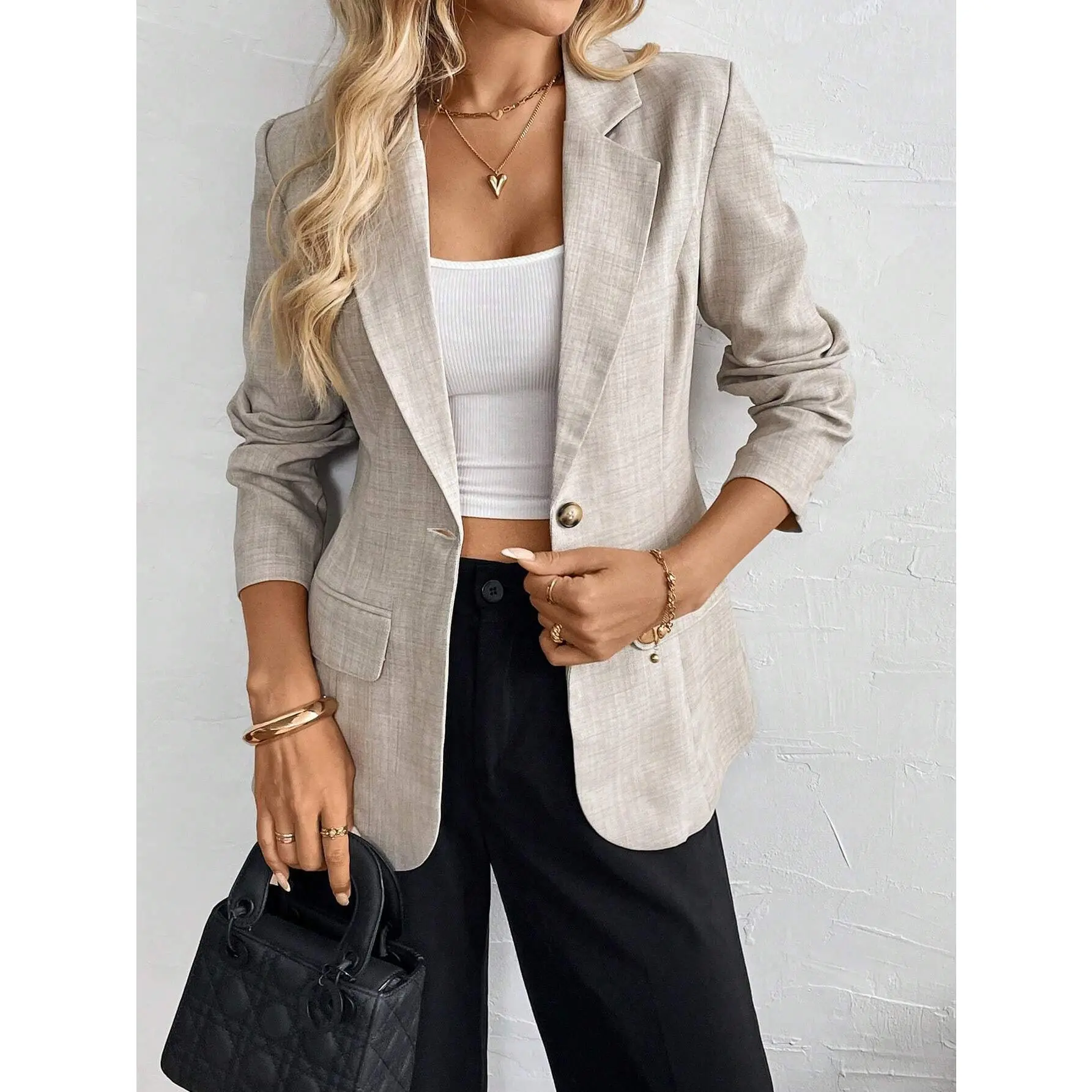 Women's Light Gray Tailored Blazer Jacket, One Button Notched Lapel Slim Fit Long Sleeve Workwear, Business Casual Office Jacket with Flap Pockets, Elegant Professional Outfit for Meetings, Interviews, Fall Fashion, Smart Casual & Everyday Wear